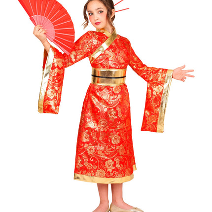 Rode kimono jurk voor meisjes met wijde mouwen en gouden biezen, voor een Aziatisch themafeest