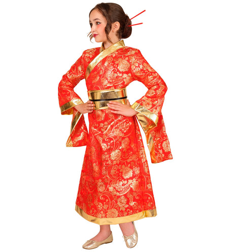 Kimono jurk meisjes zijaanzicht met brede gouden taillenband en gouden zoom