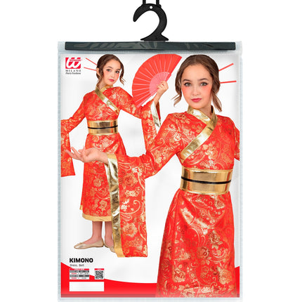Verpakking kimono jurk meisjes met jurk en riem in kindermaten 128, 140 en 158 cm