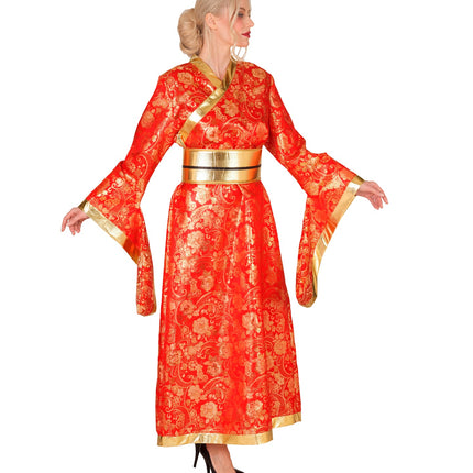 Kimono jurk dames zijaanzicht met uitlopende mouwen en goudkleurige zoombies