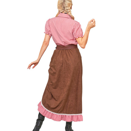 Achterkant cowgirl kostuum dames met enkellange bruine rok en geruite onderrand