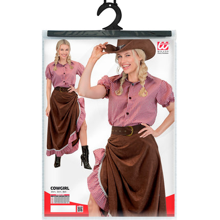Verpakking cowgirl kostuum dames met shirt, rok en riem en maattabel S tot XXL