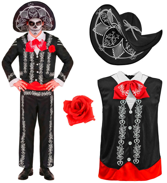 Mariachi kostuum heren onderdelen: zwarte sombrero, shirt met gilet en rode strik plus rode roos