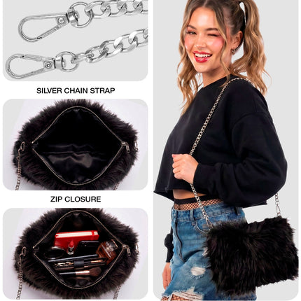 Handtas lang pluche zwart voor dames achterkant – verkleedkleding