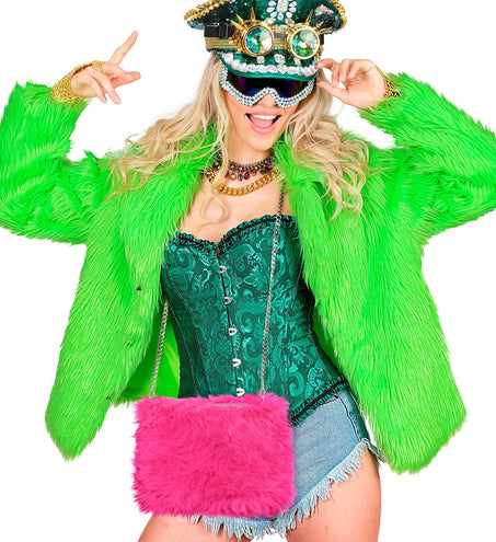 Handtas lang pluche neon roze voor dames totaalbeeld – verkleedkleding