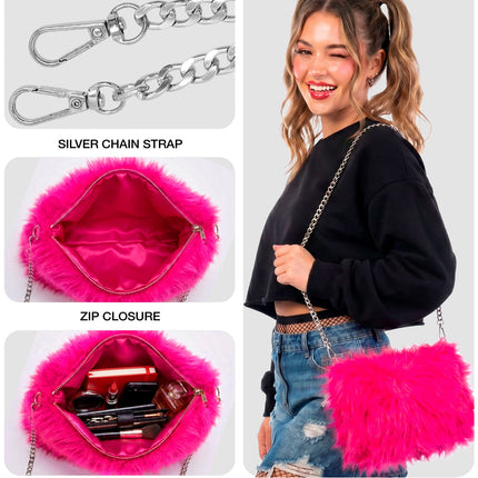 Handtas lang pluche neon roze voor dames achterkant – verkleedkleding