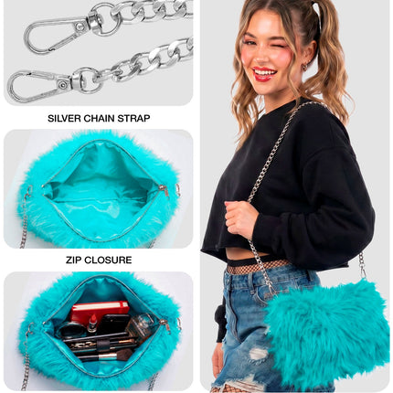 Handtas lang pluche azuurblauw voor dames achterkant – verkleedkleding