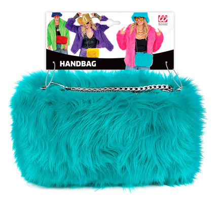 Handtas lang pluche azuurblauw voor dames zijaanzicht – verkleedkleding