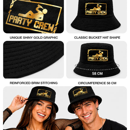 Hoed bucket party crew detail: gouden folieprint, gestikte rand en hoofdomtrek 58 cm