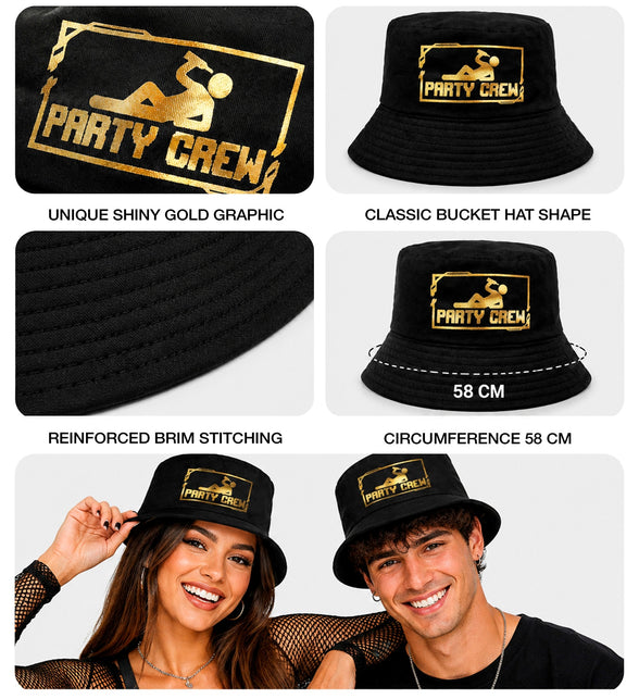 Hoed bucket party crew detail: gouden folieprint, gestikte rand en hoofdomtrek 58 cm
