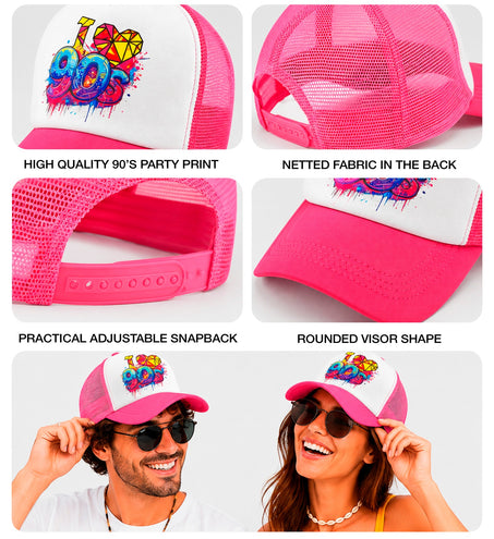 Detailbeelden pet jaren 90: graffitiprint, roze mesh achterpanden, verstelbare snapback en ronde klep