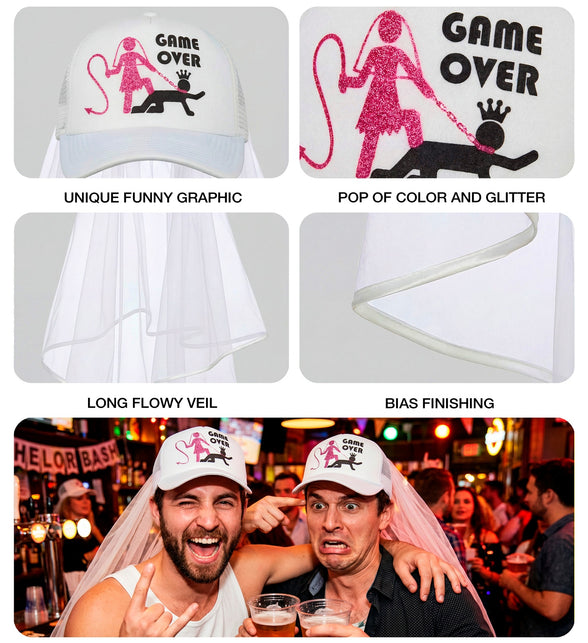 Detail van de game over pet: roze glitteropdruk en gebiesde rand van de witte sluier