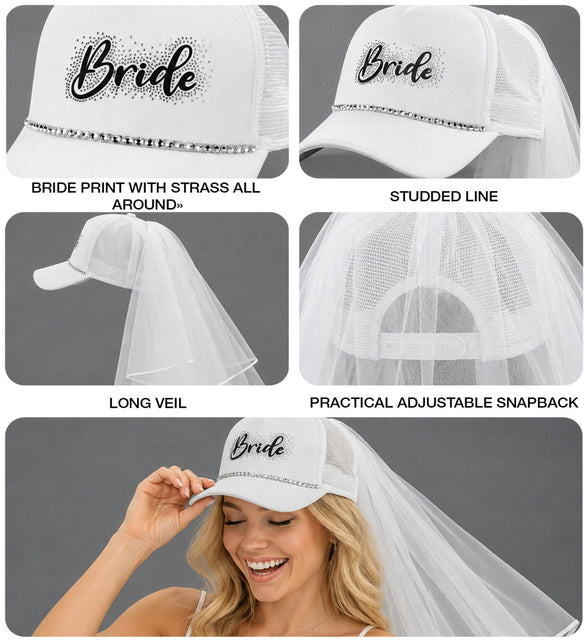 Detailfoto bride pet: strassteentjes, meshpanelen, lange sluier en verstelbare snapbacksluiting