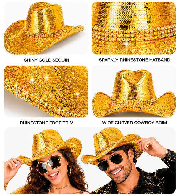 Detailcollage gouden cowboyhoed: pailletten, strassband en brede gebogen cowboyrand