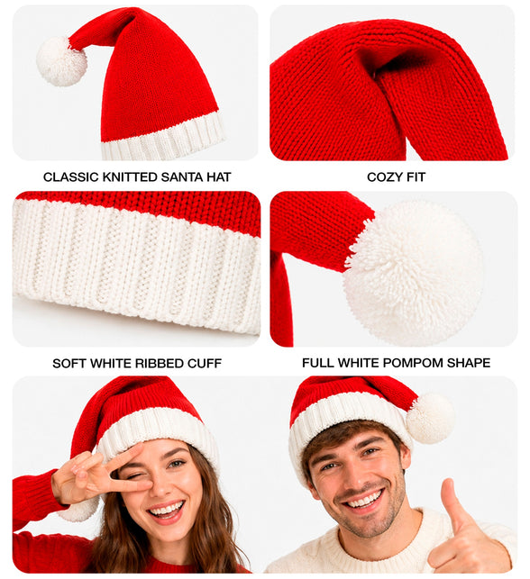 Detailcollage kerstmuts: geribde witte boord, volle pompon en gebreide steken