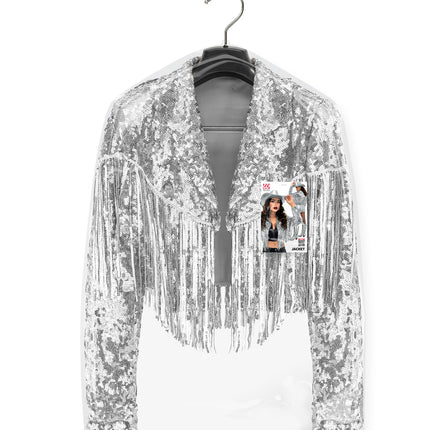 Zilveren paillettencolbert met franjes op hanger, cropped model met open revers