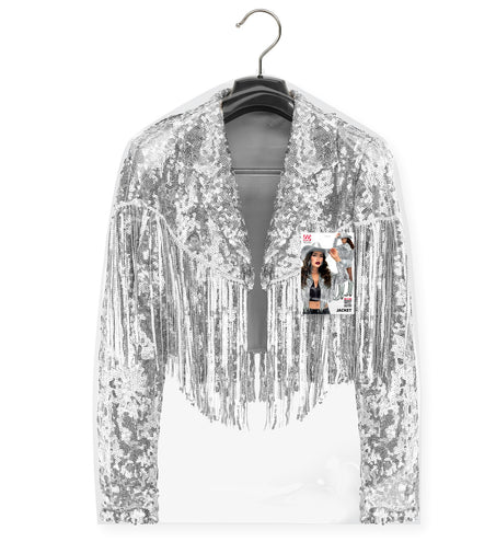 Zilveren paillettencolbert met franjes op hanger, cropped model met open revers