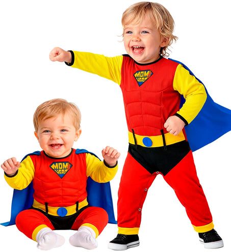 Superheld babyjumpsuit rood met gele mouwen, spierprint en blauwe cape voor jongens, verkleedfeest