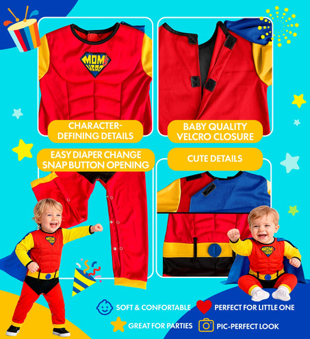 Detailfoto's superheld babyjumpsuit: klittenband bij de schouder en drukknopen in het kruis