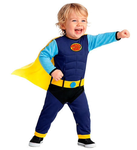 Superheldenpak baby met wapperende gele cape, gestikte spierenprint op de borst