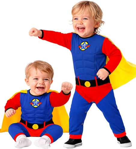 Superheld babypakje blauw met rode mouwen, spierprint en gele cape voor jongens