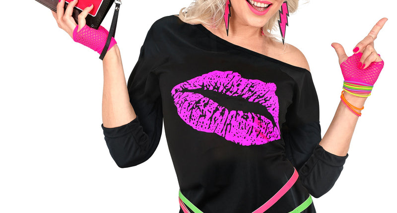 Disco shirt dames lippenstift - neon jaren 80 discoshirt met lippenstiftprint