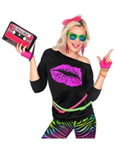 Disco shirt dames lippenstift - neon jaren 80 discoshirt met lippenstiftprint