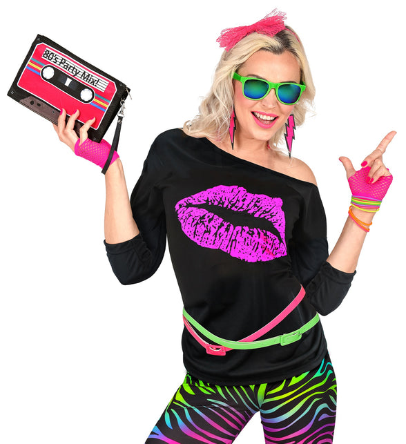 Disco shirt dames lippenstift - neon jaren 80 discoshirt met lippenstiftprint