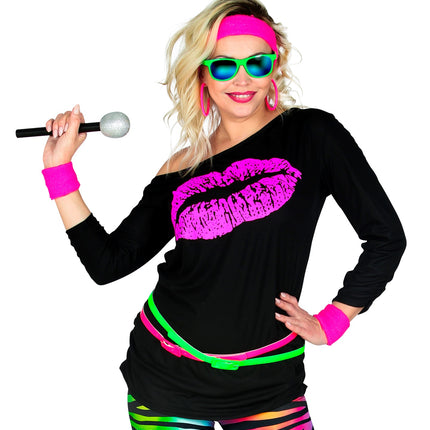 Lippenstift disco shirt dames detail - neon jaren 80 discoshirt eighties
