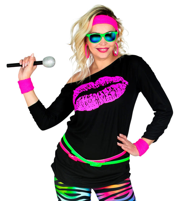 Lippenstift disco shirt dames detail - neon jaren 80 discoshirt eighties