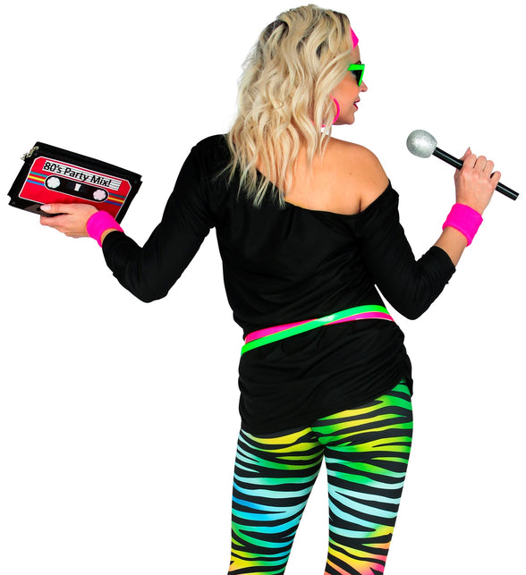 Neon lippenstift discoshirt dames close-up - jaren 80 disco party shirt