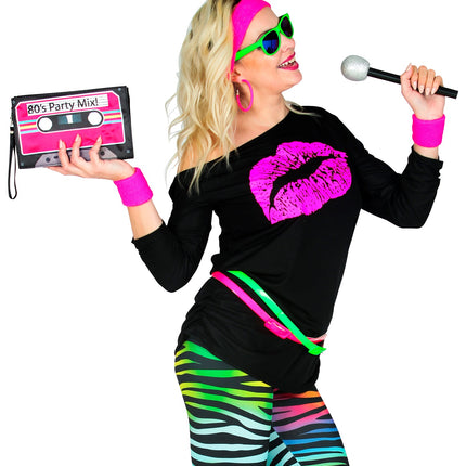 Disco shirt lippenstift dames gedragen - neon eighties discoshirt fitness