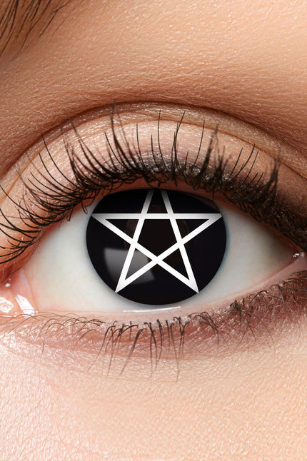 3-maandslenzen pentagram in oog, zwarte lens met witte vijfpuntige ster voor Halloween