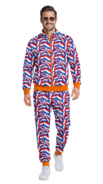 Trainingspak Holland heren met rood-wit-blauwe vlaggenprint en oranje details voor foute party