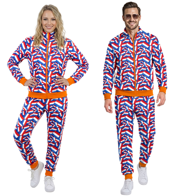 Trainingspak Holland met rood-wit-blauwe vlaggenprint en oranje boorden, dames en heren voor Koningsdag