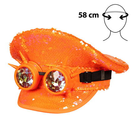 Pet Cosmic neonoranje schuin van voren met ronde partybril met spikes en geslepen glazen