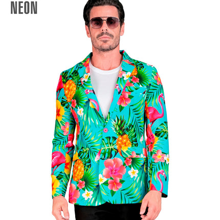 Neon flamingo colbert Floor heren - kleurrijk hawaii jasje voor foute party en beach party