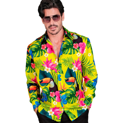 Tropicana neon blouse heren detail - tropisch hawaii shirt feest