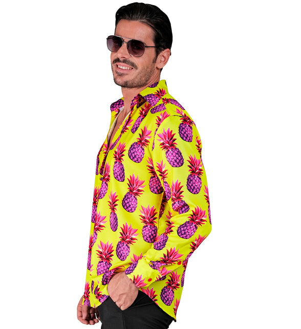 Ananas neon blouse heren detail - hawaii shirt met fruitprint feest