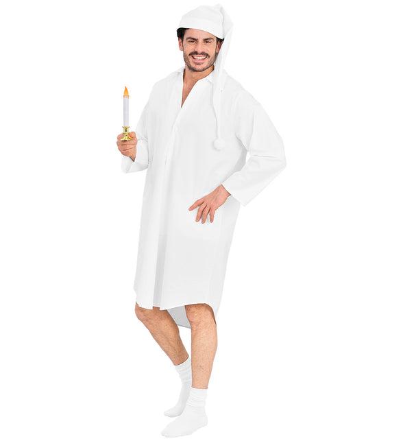 Witte nachtjapon met kraag en knoopjes tot over de knie, met lange slaapmuts, gedragen door heer