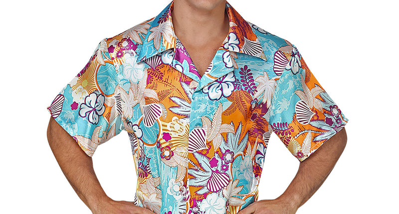 Hawaiishirt flowers multicolor van satijn, tropisch Hawaii hemd heren vooraanzicht