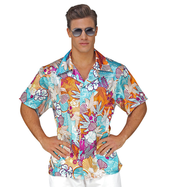 Hawaii overhemd met bloemenprint satijn, aloha shirt zomerfeest detail
