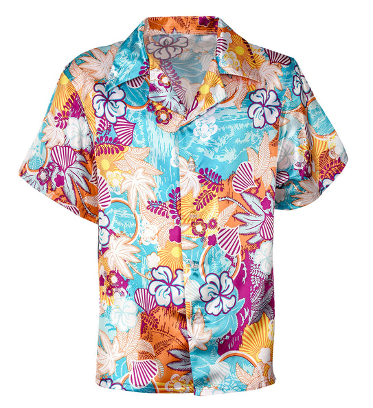 Hawaii satijnen blouse close-up bloemen, tropisch zomershirt heren