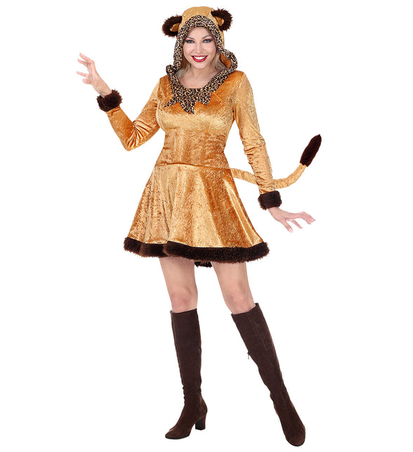 Panterprint jurk dames met kap, luipaard verkleedkleding detail