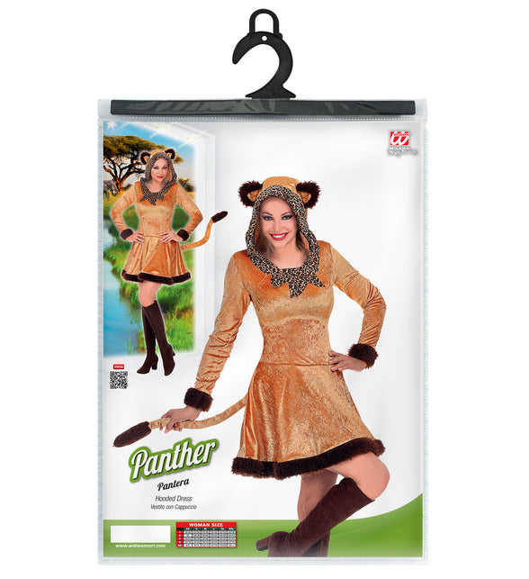Panter jurkje compleet bruin, luipaard verkleedjurk dames met kap