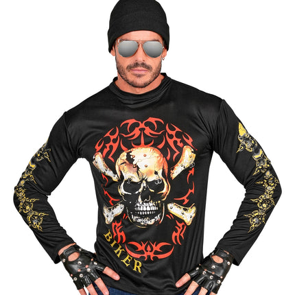 Doodshoofd biker shirt achterkant, rocker T-shirt met schedel detail