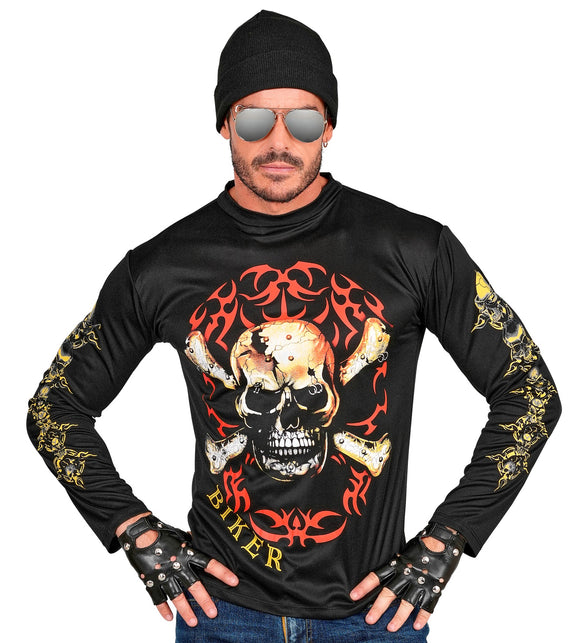 Doodshoofd biker shirt achterkant, rocker T-shirt met schedel detail