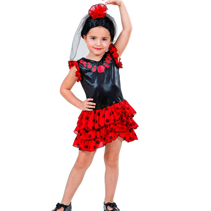 Flamenco verkleedjurk kind rood met hoofdtooi, Spaanse danseres outfit meisje