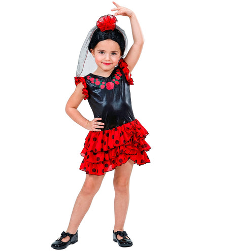 Flamenco verkleedjurk kind rood met hoofdtooi, Spaanse danseres outfit meisje