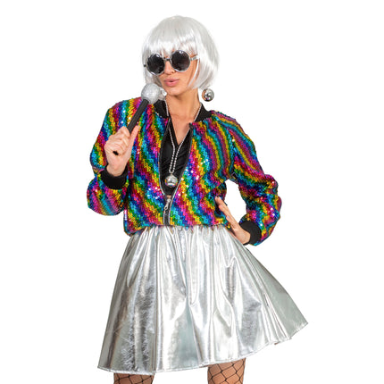 Disco jas Tessa in regenboog kleuren dames vooraanzicht – carnavalskostuum